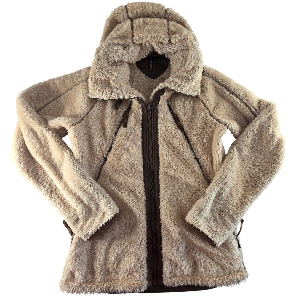 Kuhl Flight Fleece Jacket Womens Small Tan Full Zip Hooded Teddy‎ Sherpa Coat